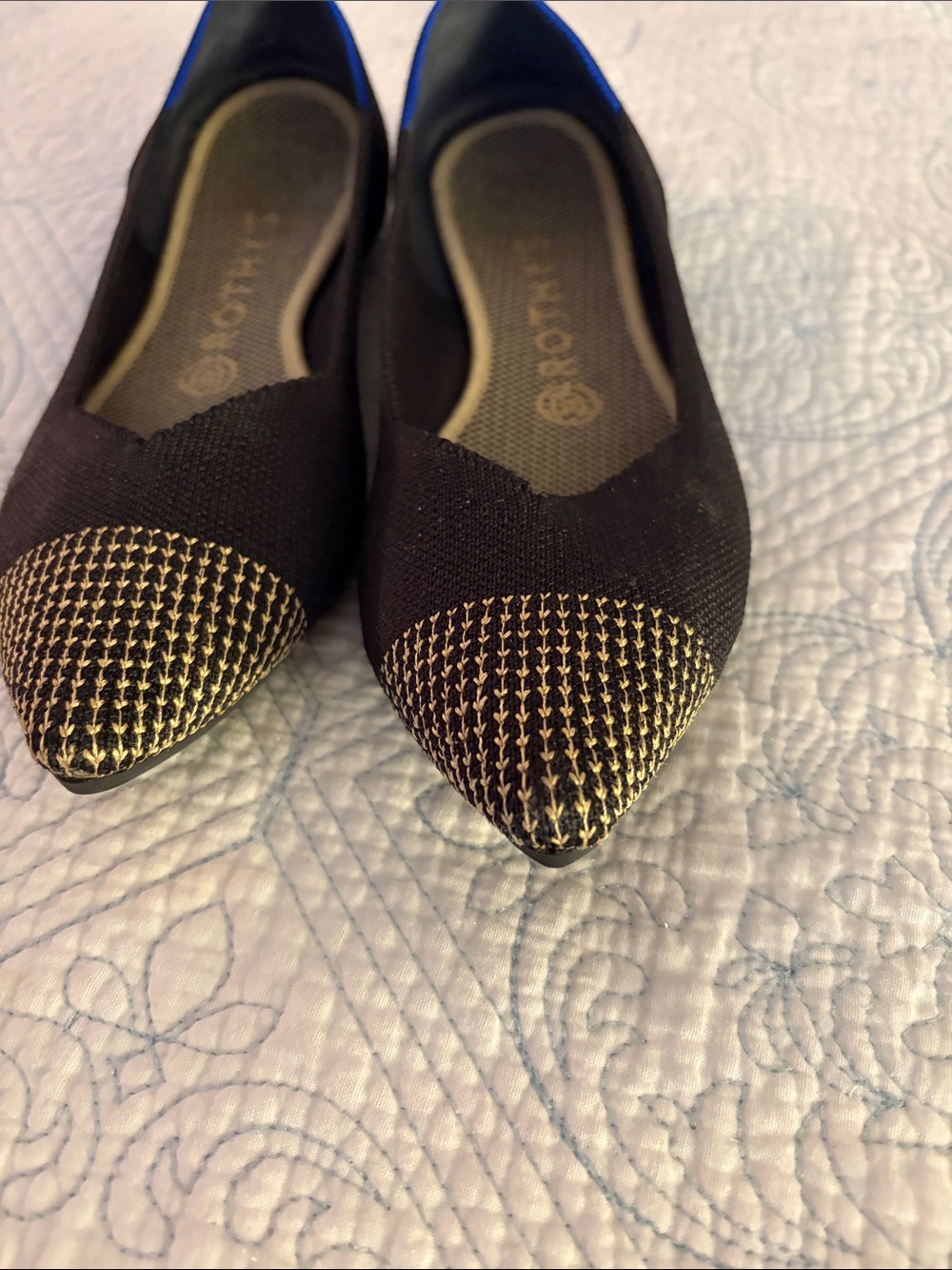 Rothy's Black Knit Pointed Flats with Gold Toe and Blue Trim - Picture 2 of 5